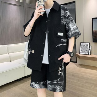 男士 套装 潮流休闲夏季 2025b新款 衬衣短裤 衬衫 宽松一套装 两件 短袖