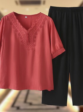 中老年人夏装短袖j套装女妈妈装宽松大尺码T恤上衣奶奶夏季刺绣衣