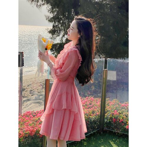 高级感茶歇法式温柔泡泡袖粉色连衣裙女J夏季气质收腰荷叶边仙女