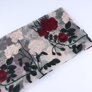 高密好质量中国风汉服旗袍布料色织玫瑰花朵P刺绣软网纱蕾丝面料
