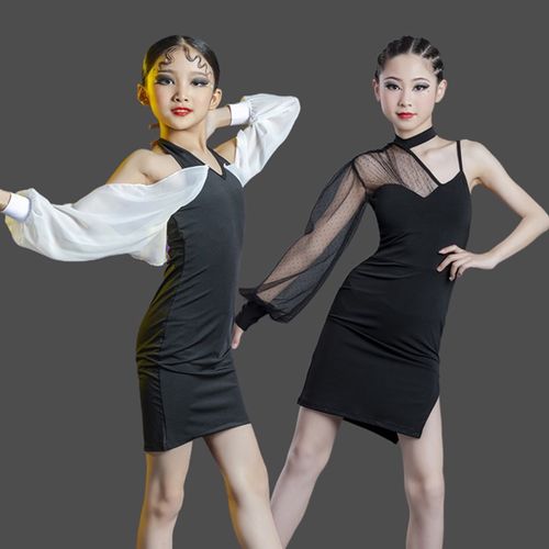 网红儿童拉丁舞服泡泡袖连衣裙少儿拉丁练M功服表演秋专业比赛服