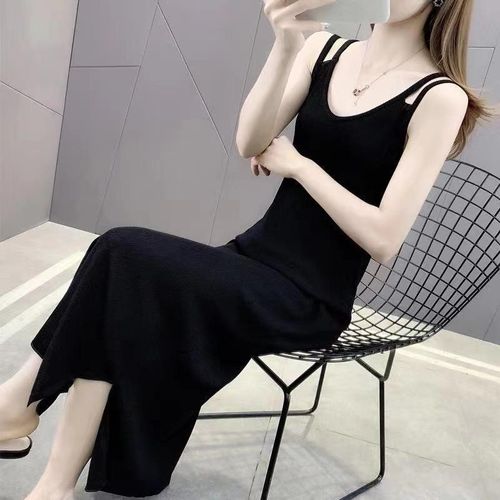 夏季时尚气质吊带裙黑色无袖百搭遮肉显瘦纯色修T身打底外穿中长