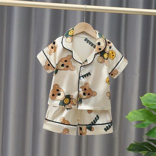 套装 2022a儿童睡衣夏季 短裤 男女童家居服冰丝小孩空调服短袖 薄款