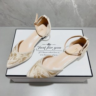 大码 新中式 款 女2024夏季 软底国V风刺绣旗袍单 一字扣尖头低跟凉鞋