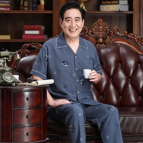 中老年夏天短袖套装睡衣男爸爸衣服爷爷纯棉开衫男装梭.织纯棉皱