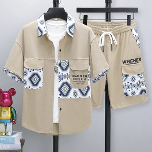 上n衣休闲衬衫 短裤 套装 夏季 短袖 潮牌半袖 男青年时尚 潮流两件 男装