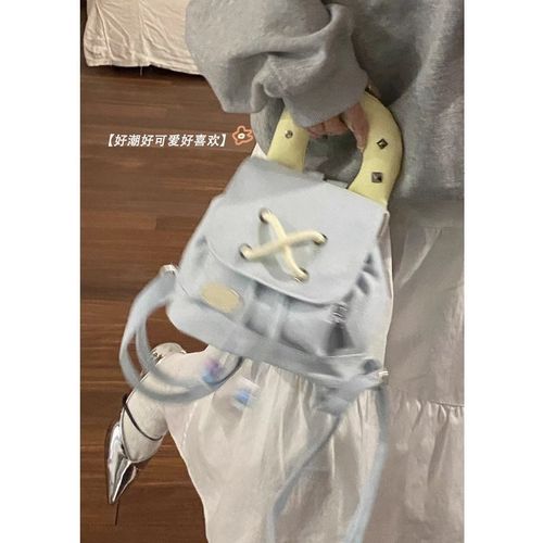 小众设计牛仔布双肩包包2024新款E潮时尚学院风背包撞色手提水桶