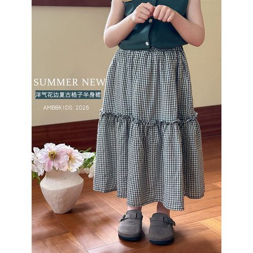 2025夏季女孩洋气百搭裙子儿童复古中长款花边格子半身裙2Z5C150