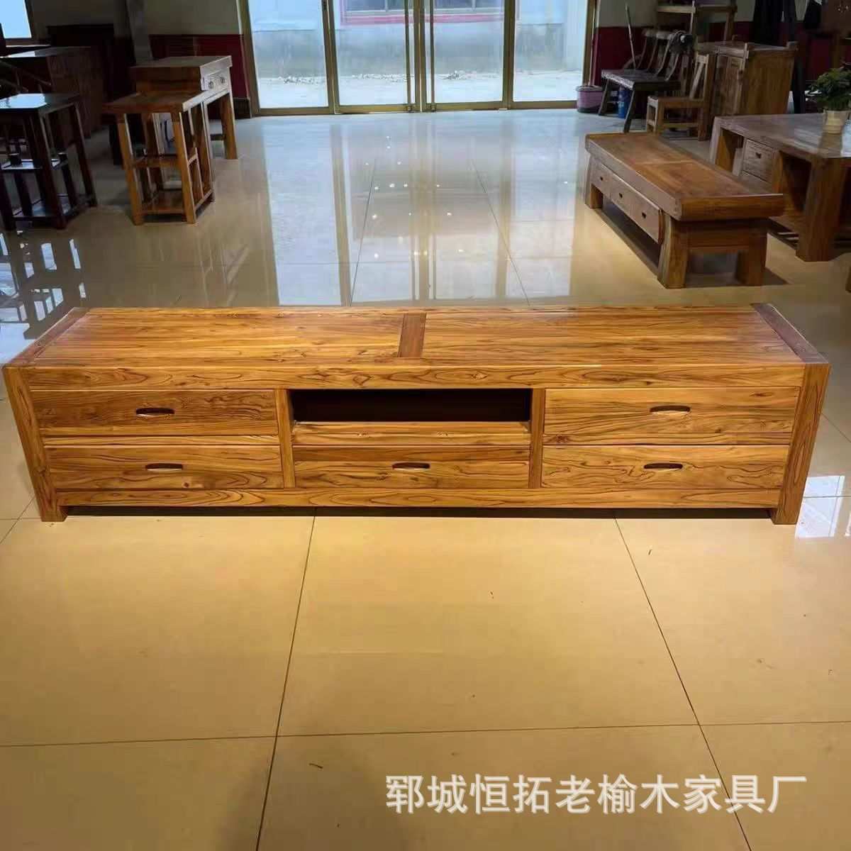 实木电视柜家用客厅老榆木视听柜储物柜风化纹理家用实木电视柜