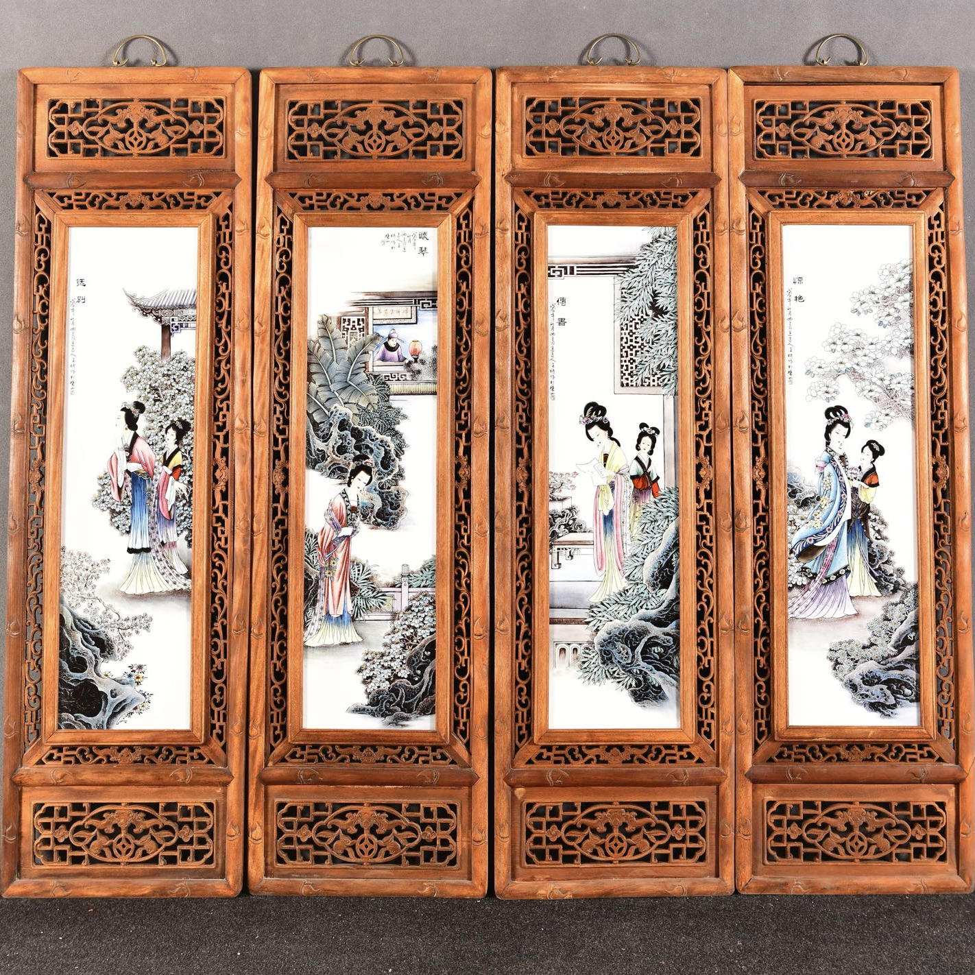 古玩杂项旧藏老花梨木镶瓷板画仕女图四条屏装饰画工艺收藏品装饰
