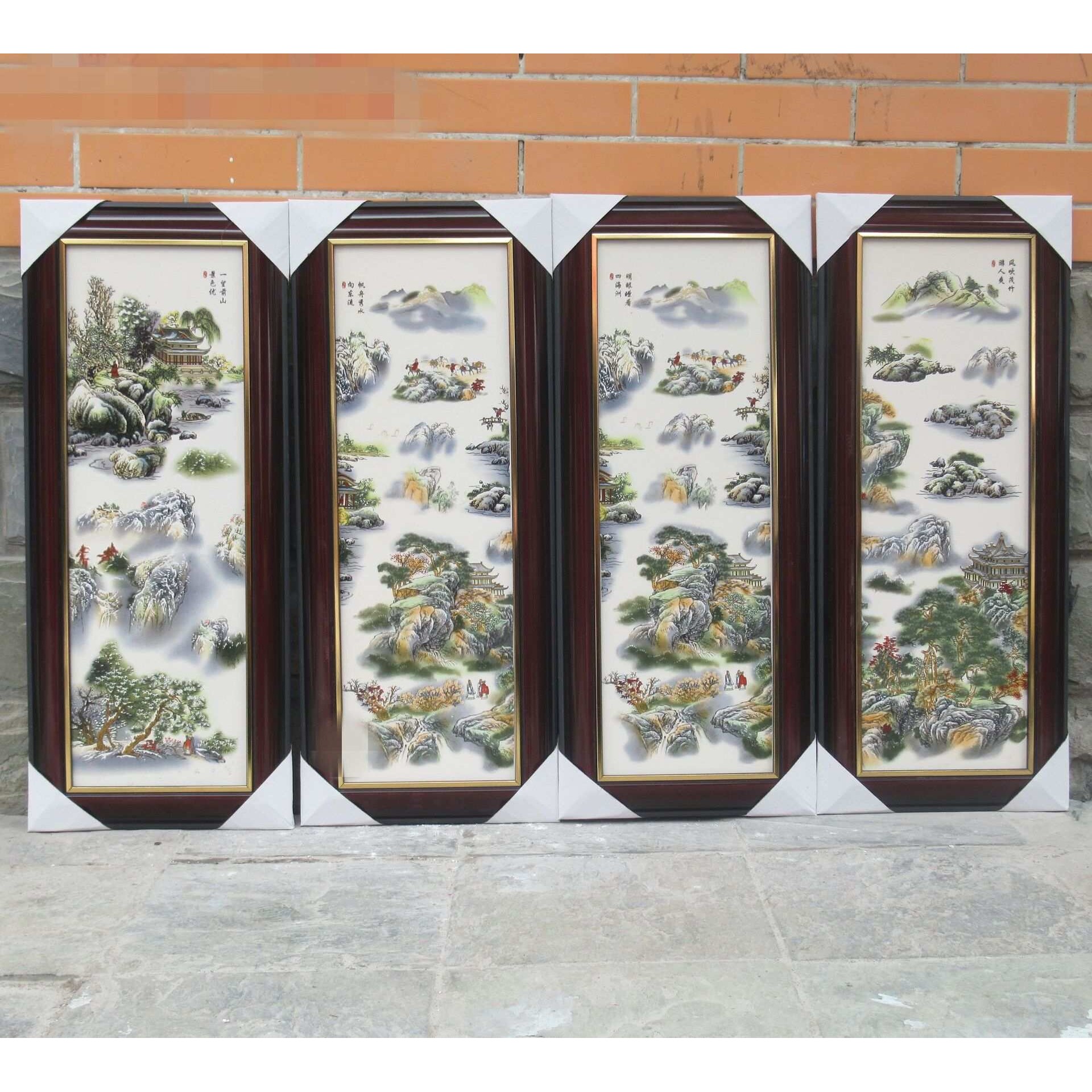 景德镇陶瓷板画 中式古典四条屏粉彩山水 陶瓷壁画客厅挂件屏风