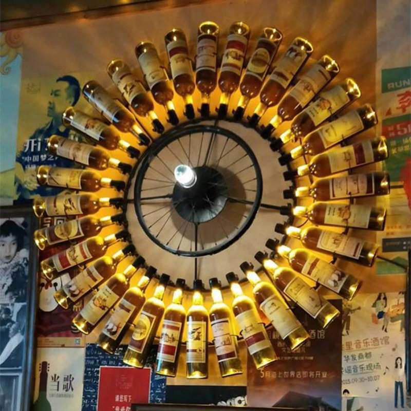 酒瓶壁灯网红创意装饰音乐酒吧清吧餐吧餐厅工业风车轮圆形大壁灯