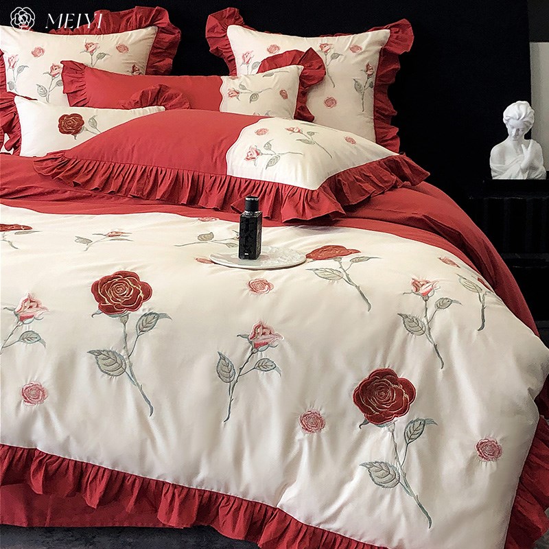 新婚四件套超柔水洗棉结婚花卉被套陪嫁喜庆中式床单床上用品