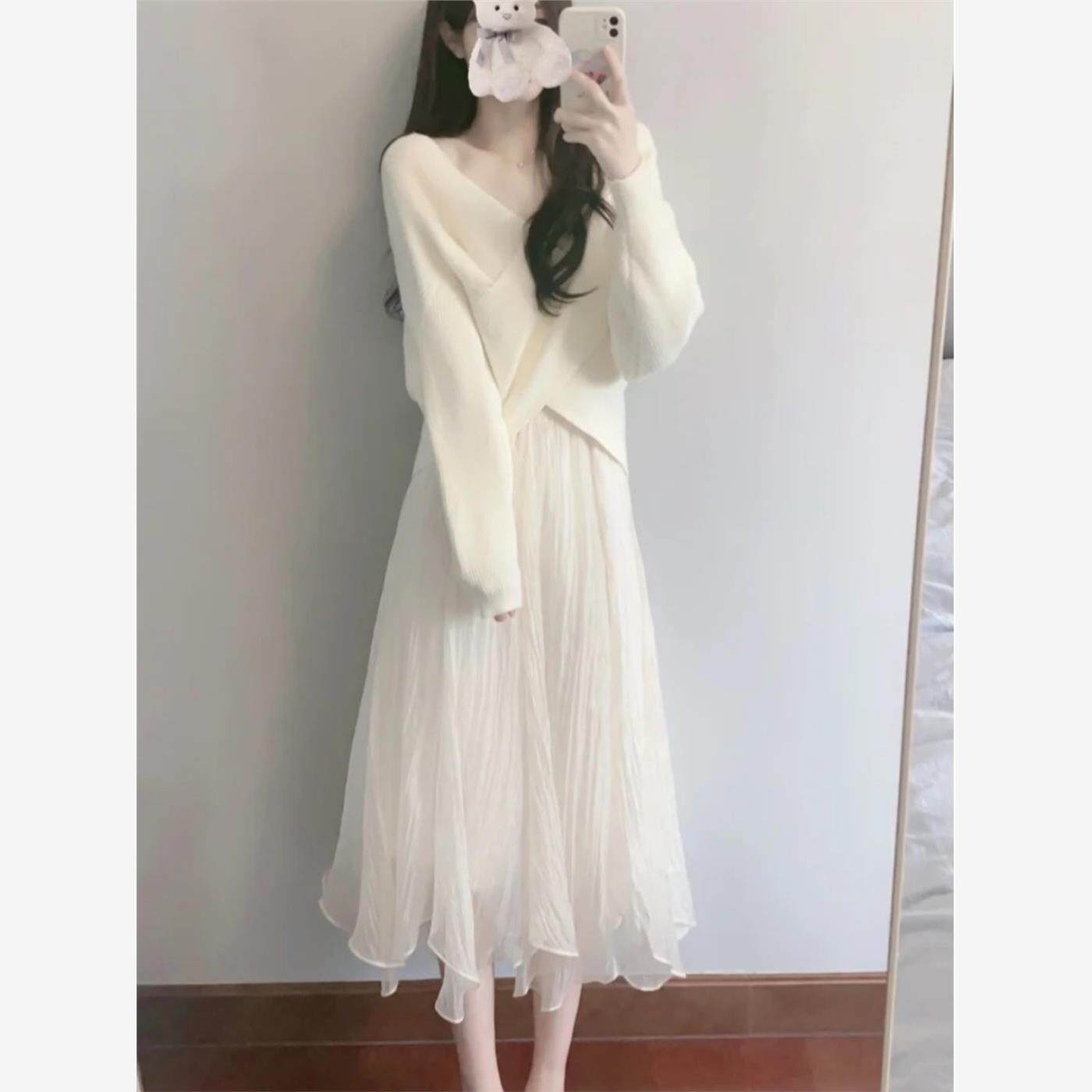 秋冬韩剧女主茶系一整套温柔风毛衣网纱连衣裙奶系穿搭早秋套装女