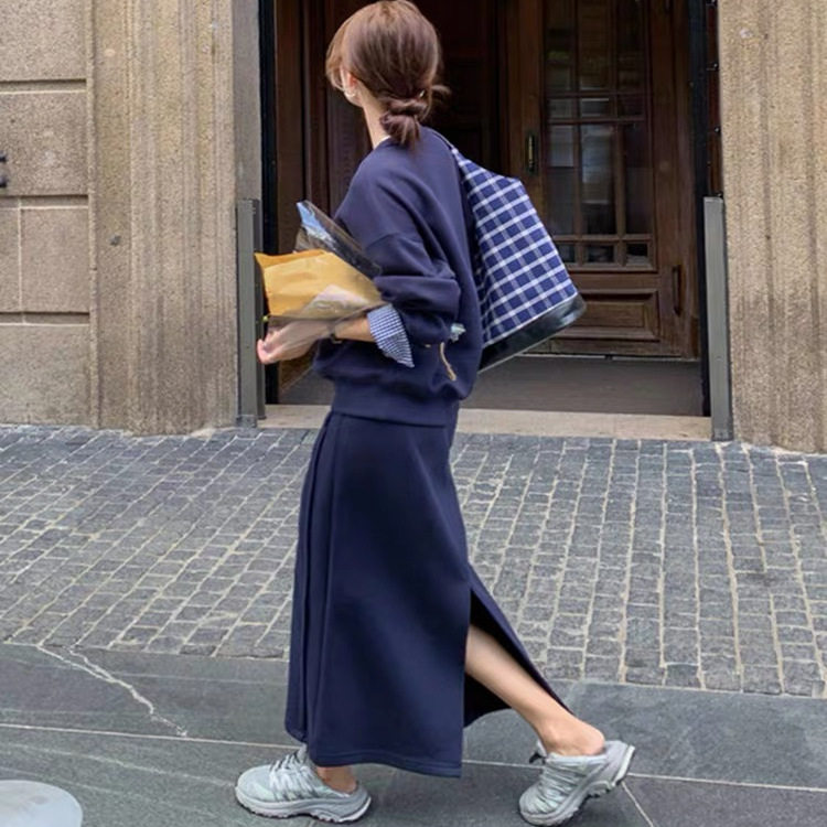 藏青色休闲运动套装女春秋卫衣两件套绝美高级感女人味韩风chic