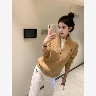 卡其色老钱风女装穿搭立领刺绣上衣麻花针织衫女2025秋季长袖毛衣