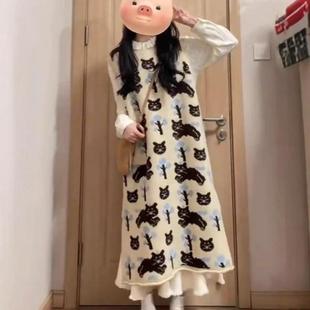 慵懒风中长款针织马甲女秋冬外搭开叉毛衣罩衫叠穿坎肩背心裙上衣