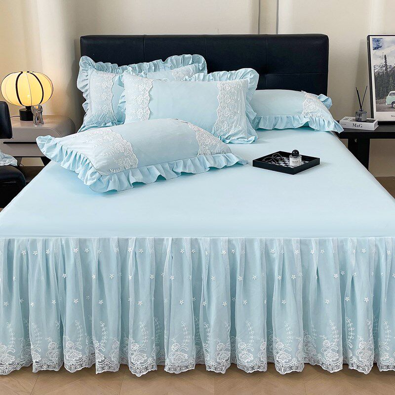 床裙三件套A类韩式花边床套床单纯色水洗棉床罩单件1.5m床盖1.8m2