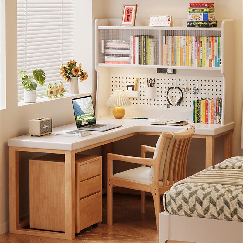 福岚加厚全实木转角书桌书架一体桌小户型卧室电脑桌写字桌带插座