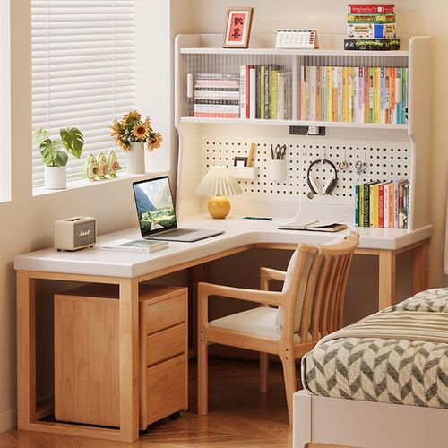 福岚加厚全实木转角书桌书架一体桌小户型卧室电脑桌写字桌带插座