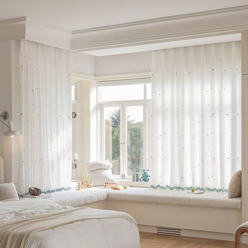 儿童卡通白纱帘新款透光不透人可爱男孩女孩卧室房间飘窗白纱窗帘