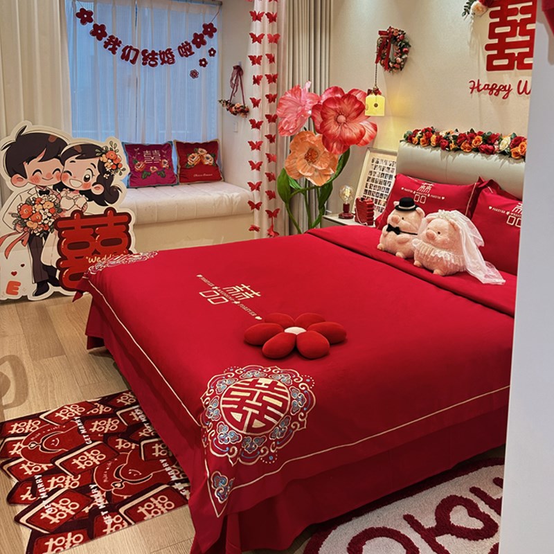 140支公主风长绒棉结婚四件套红色高档纯棉床单婚庆陪嫁床上用品4