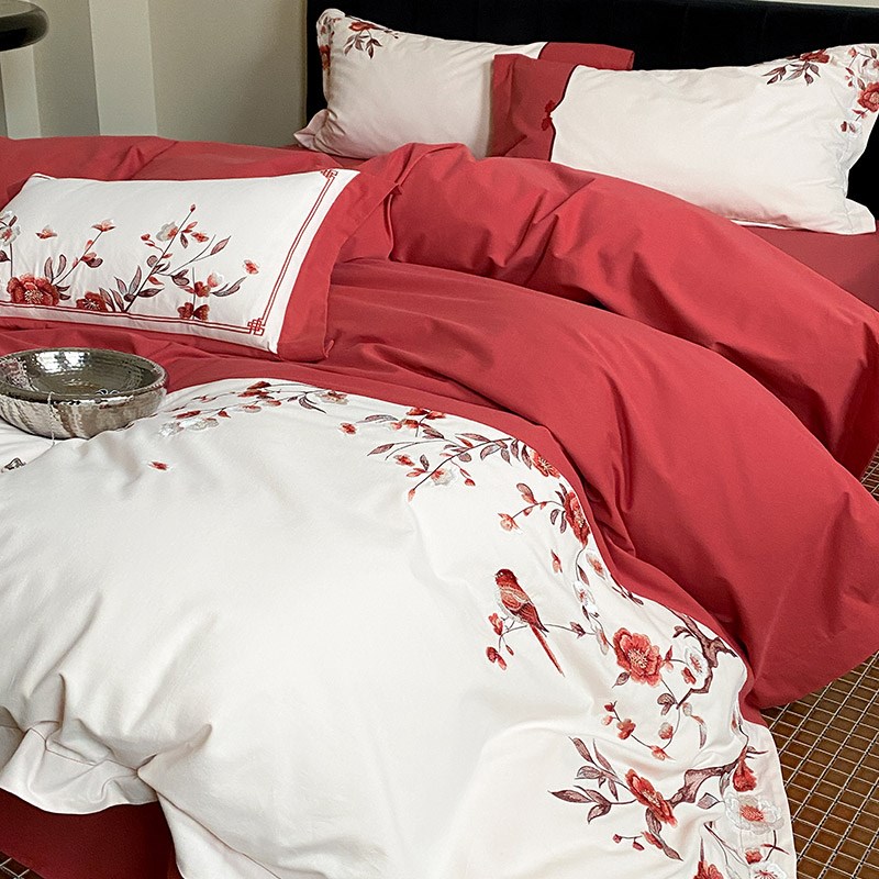 时尚婚庆轻磨毛100S全棉四件套花鸟刺绣加厚秋冬被套结婚床上用品