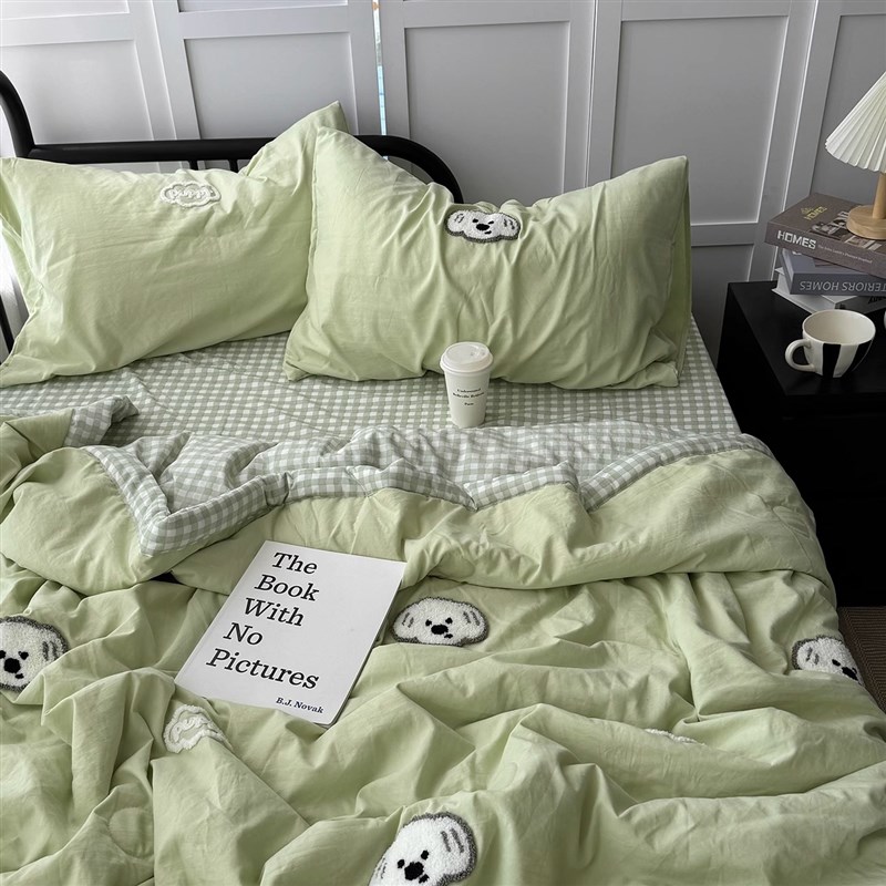 夏季小清新可爱狗狗水洗棉毛巾绣夏被四件套亲肤可机洗空调薄被子