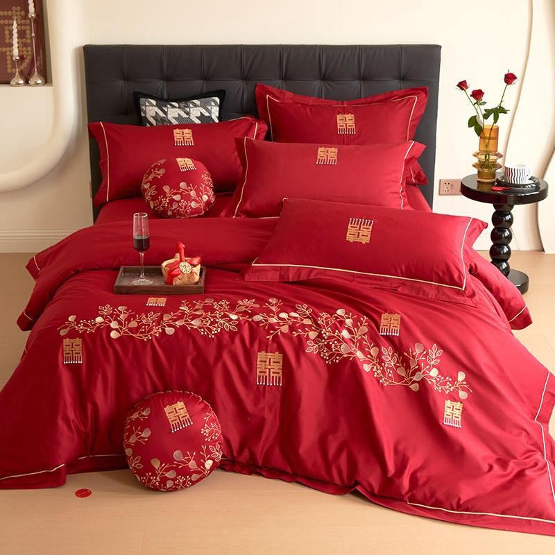 浪漫婚庆全棉床单四件套红色100支大红刺绣婚嫁被套床上用品陪嫁