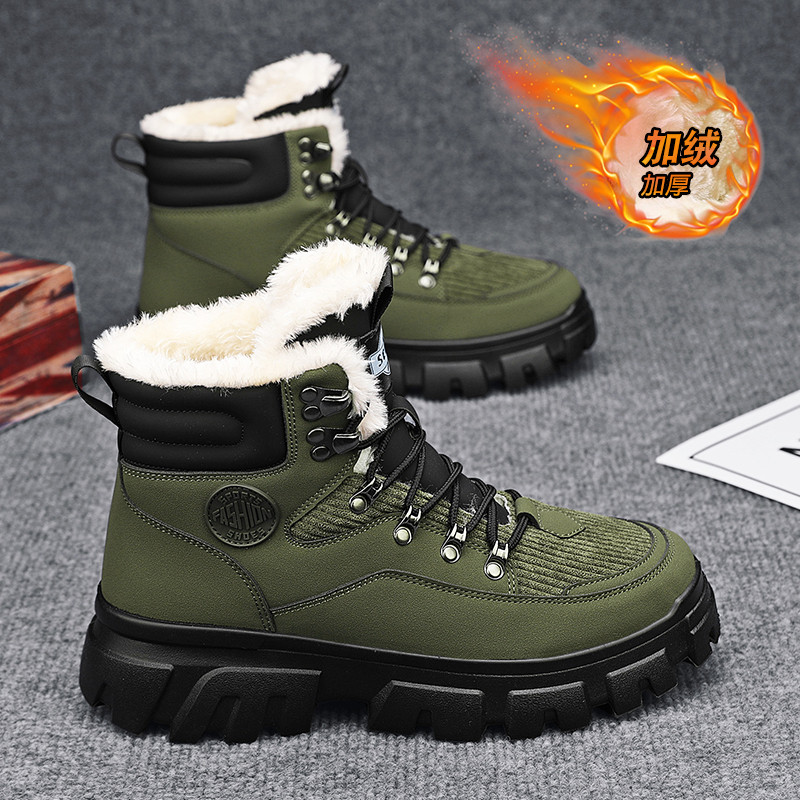 马丁靴男秋季中高筒内增高8CM靴子冬季加绒雪地棉靴耐磨工装皮鞋