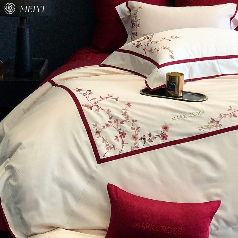 红色中式婚庆床单四件套100S长绒棉全棉床盖新婚被套婚嫁床上用品