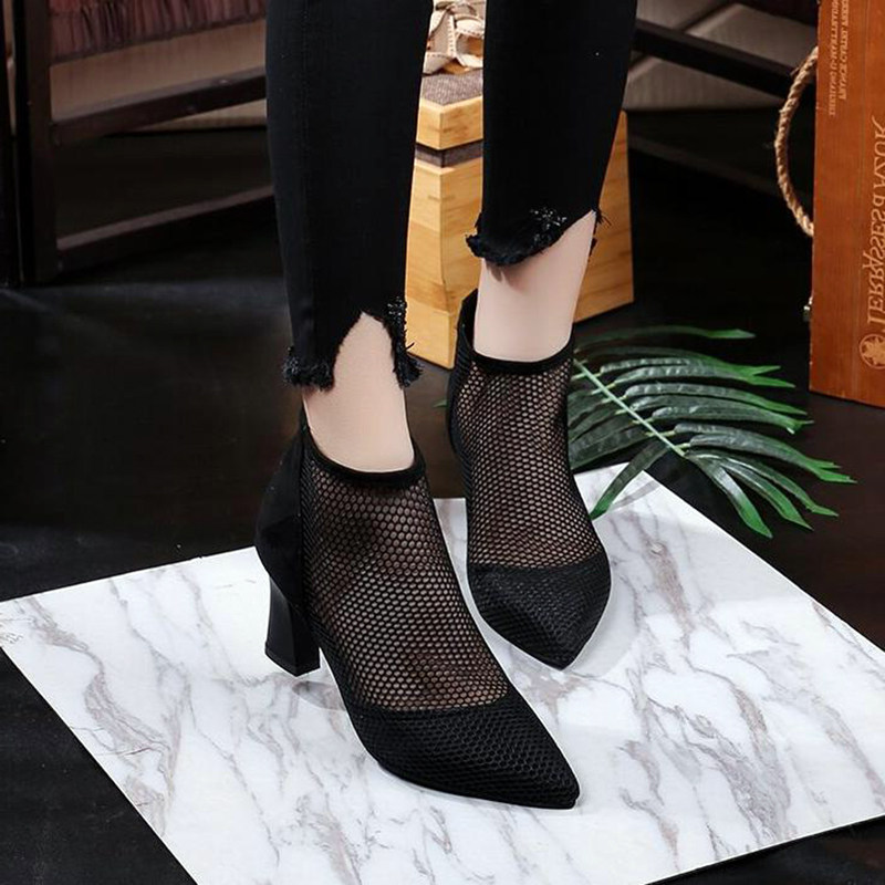 时尚网纱凉靴女中跟短靴粗跟网靴2021春秋尖头镂空仙女鞋高跟单靴,女鞋,时装凉鞋,淘宝优惠券,粉丝福利购,淘宝优惠卷