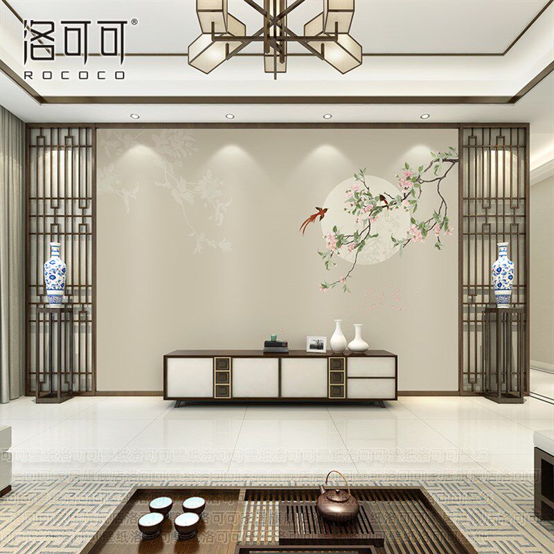 新款新中式壁布客厅沙发背景墙壁纸卧室床头餐厅壁画淡雅花鸟电视