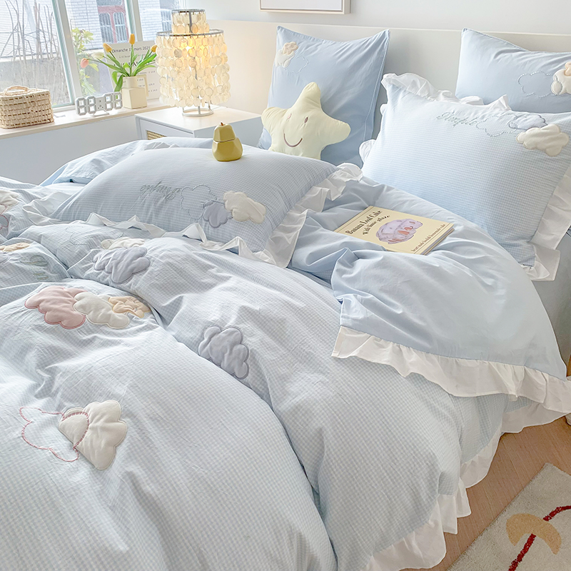 可爱款水洗棉四件套公主风全棉被套少女心儿童三件套床上用品