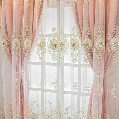 粉色欧式客厅窗帘双层带纱定制定做女生卧室高级感遮光2025新款