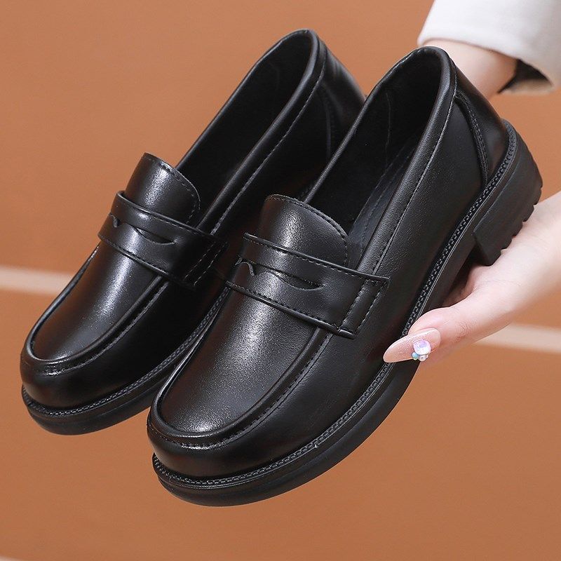 加绒黑色工作鞋女久站不累脚防滑软底职业上班皮鞋防水平底棉鞋冬