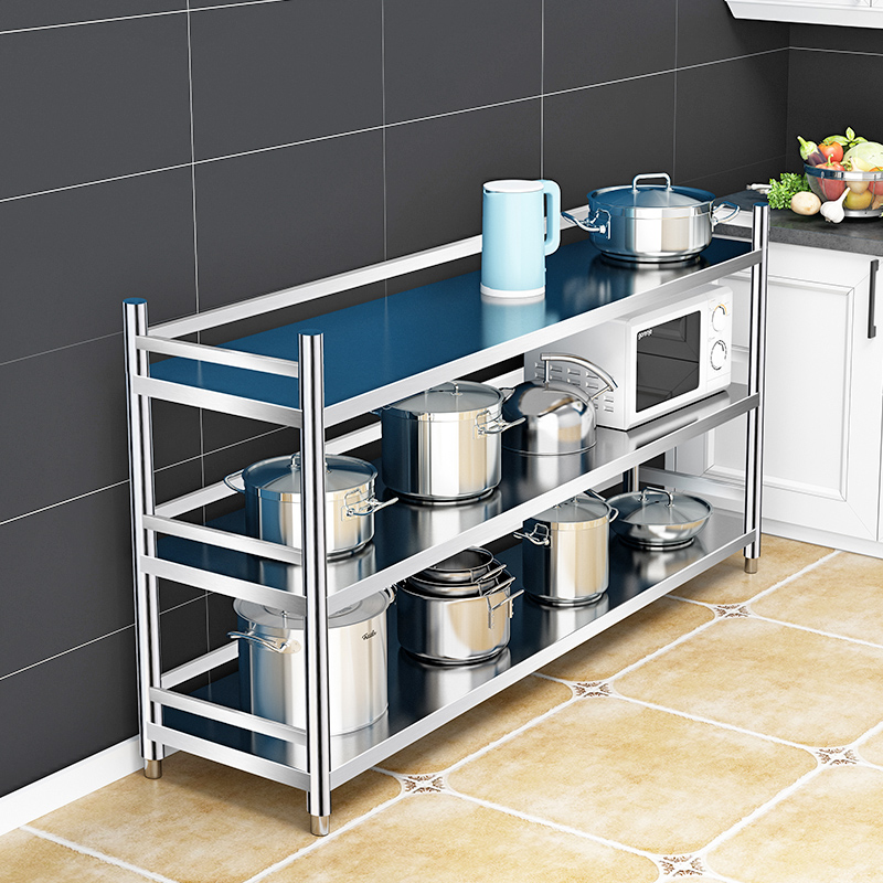 货架304锅架3o4三层厨房不锈钢置物架收纳微波炉落地带围栏储物架