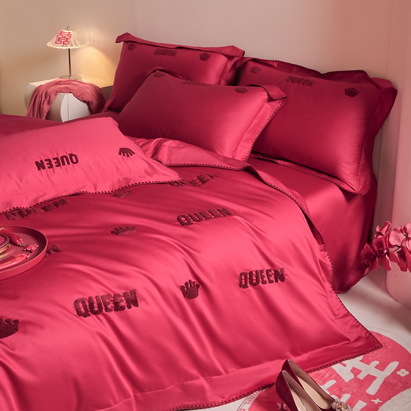 婚庆纯棉四件套毛巾绣中式大红色床单高档喜被套结婚房嫁床上用品