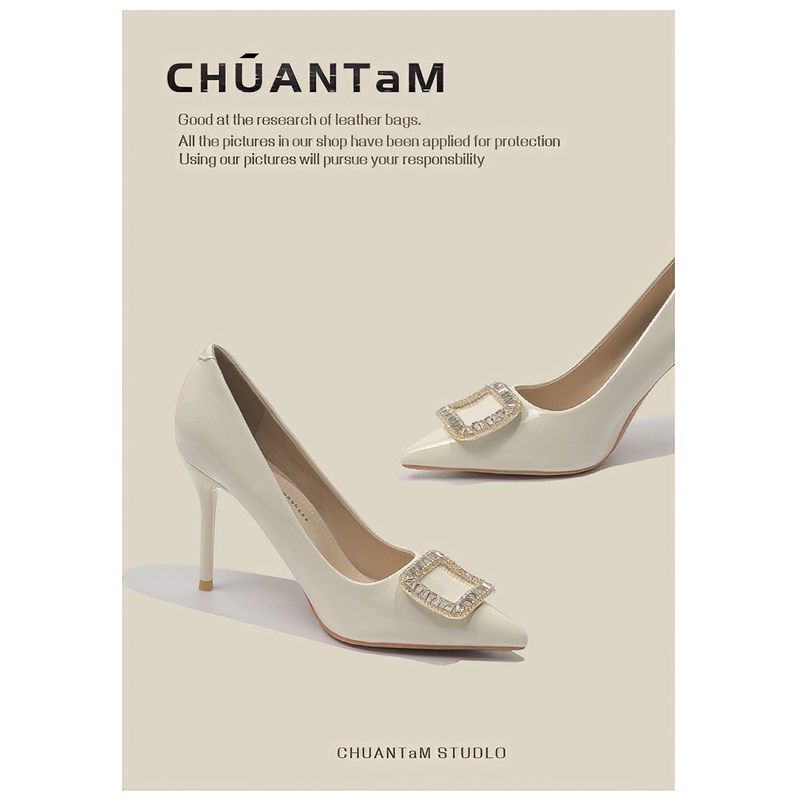 法式水钻方扣高跟宴会鞋女韩版新款小众设计气质尖头漆皮细跟单鞋,女鞋,浅口单鞋,淘宝优惠券,粉丝福利购,淘宝优惠卷