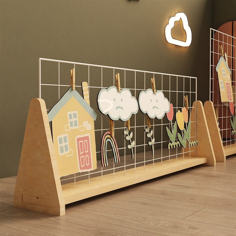 幼儿园装饰实木落地桌面展示架免安装网格屏风式花架摆摊置物架子