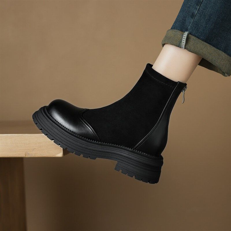 大码厚底短靴女41一43春秋单靴绒面粗跟瘦瘦靴中跟百搭时尚马丁靴,女鞋,时装靴,淘宝优惠券,粉丝福利购,淘宝优惠卷