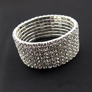 韩版个性玫瑰银色百搭宽手镯女满钻弹力宽手链夸张手饰品学生简约