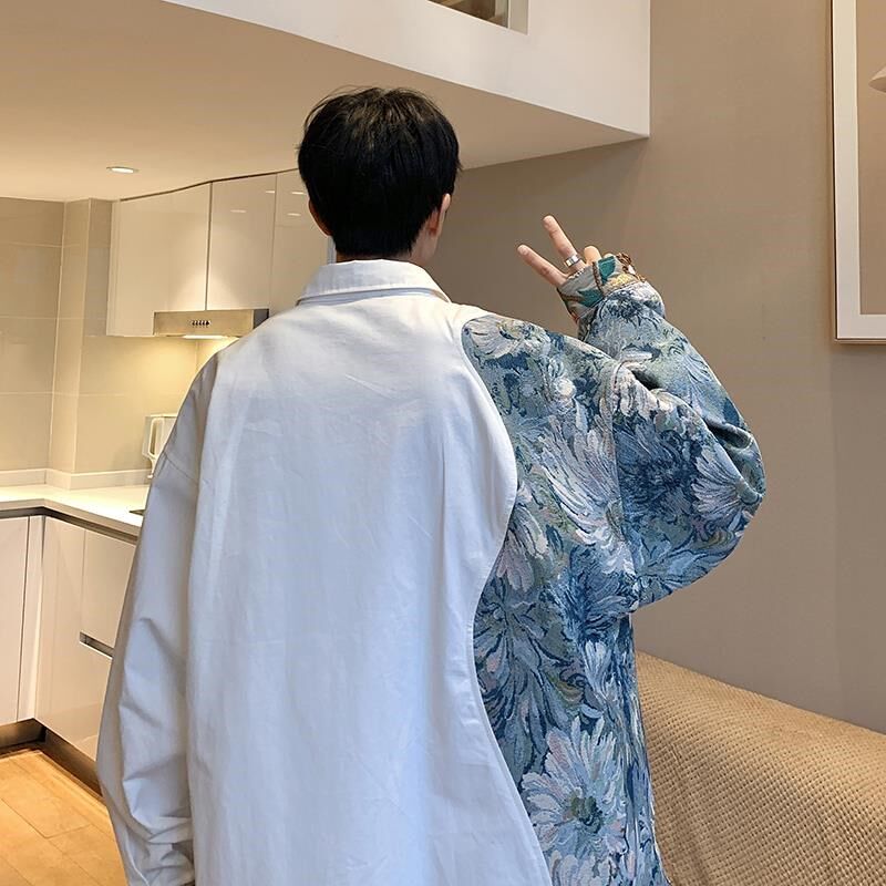 特大码300斤国潮撞色花衬衫男春季美式高街设计感民族风拼接衬衣2