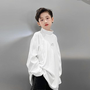 男童打底衫半高领加绒t白色冬季新款儿童德绒潮中长款宽松T恤内搭