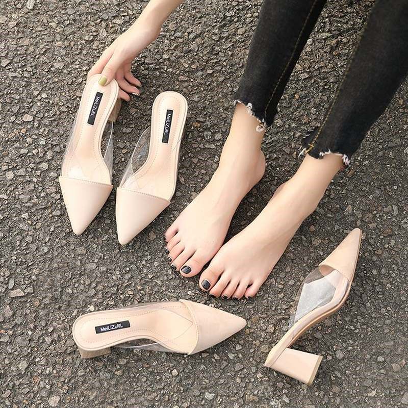 31网红尖头高跟拖鞋外穿女夏凉拖小码32 33透明半拖粗跟大码41-43,女鞋,包头拖,淘宝优惠券,粉丝福利购,淘宝优惠卷