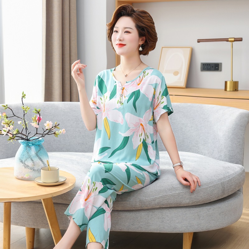 2023新款中年妈妈绵绸睡衣女套装大码夏季短袖长裤棉绸家居服套装