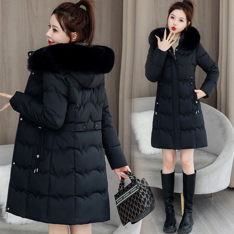 羽绒棉服女中长款冬季新款带毛领加厚妈妈外套保暖收腰小个子棉衣