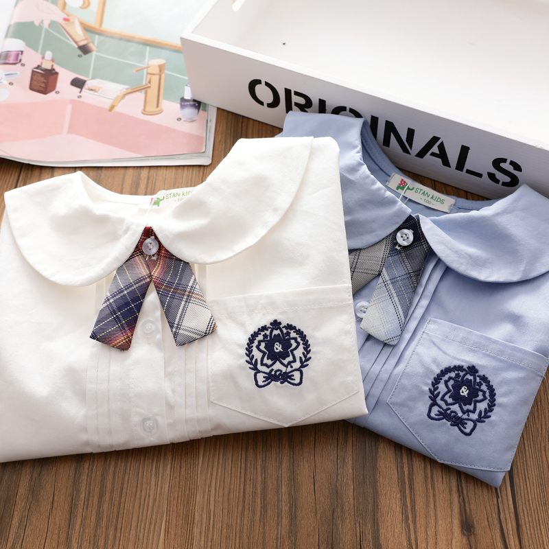 女童长袖学院衬衫2021新款中大童JK白色翻领衬衣儿童英伦上衣春秋