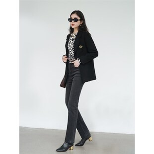 抓绒烟管小直筒裤170+高个子窄版女加长高腰烟灰色复古牛仔裤弹力