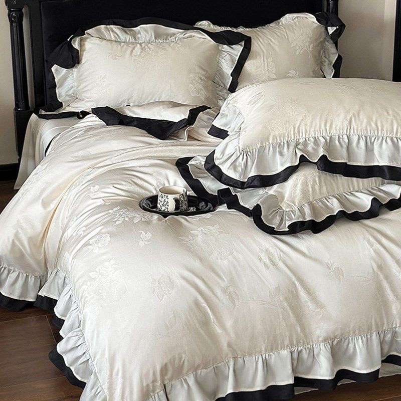 复古法式风100S长绒棉全棉四件套浪漫玫瑰提花纯棉被套床上用品